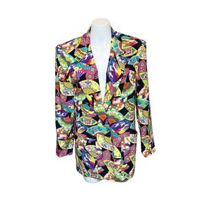 Dana Buchman vintage 100% silk colorful fan print blazer size 8